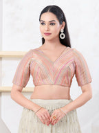 Joban Fashion Peach Jacquard Elbow Sleeveless Back Open Blouse | Grocsy