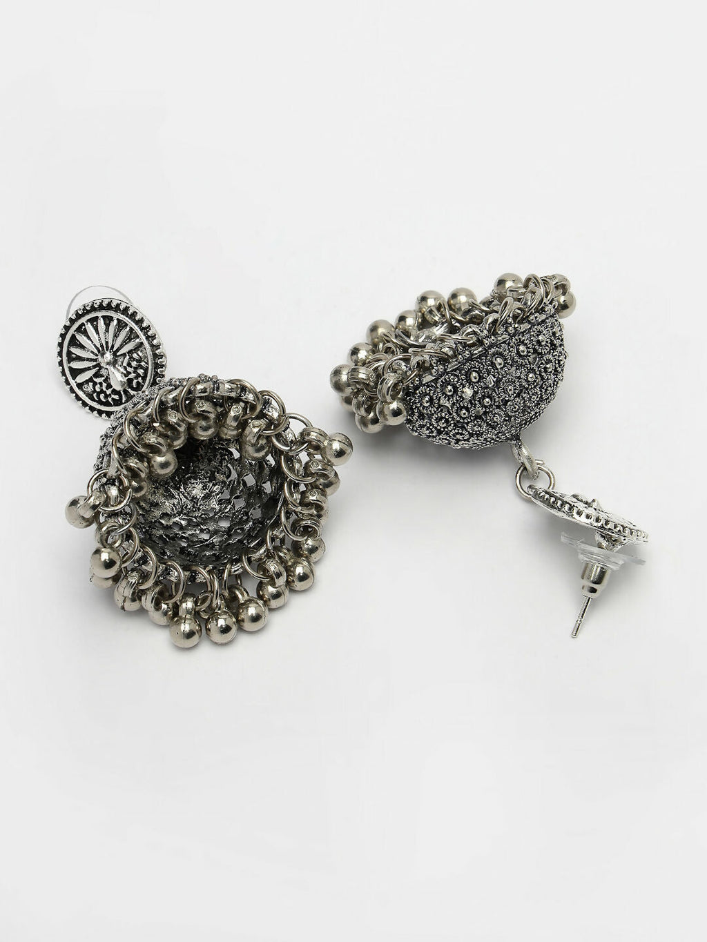 NVR Women's Silver-Toned German Silver Oxidised Dome Shaped Jhumka Earrings | Grocsy
