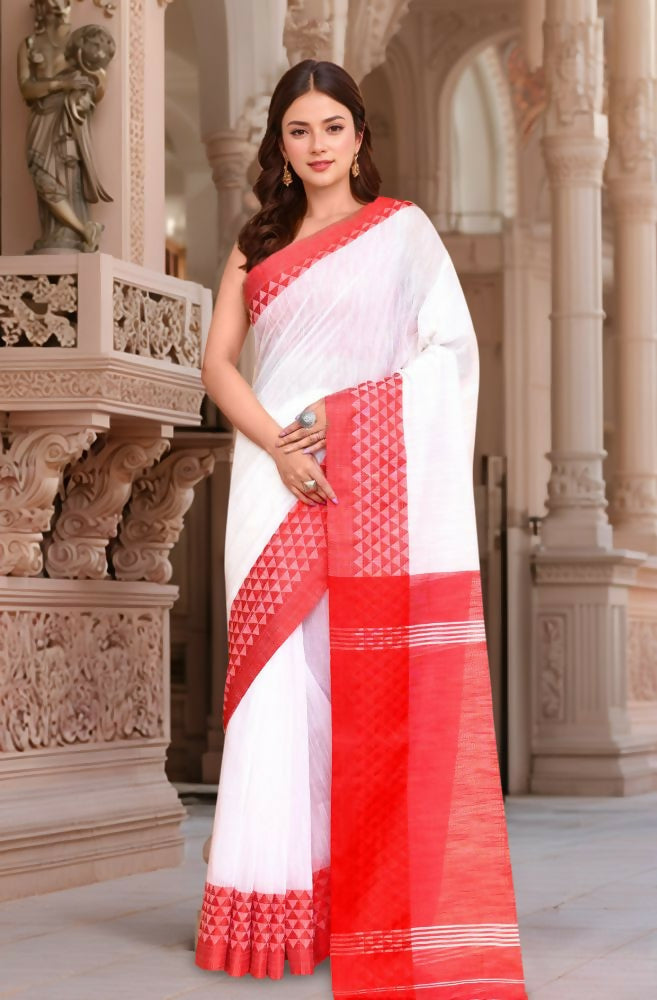 Joban Fashion Women White & Red Trendy Cotton Saree | Grocsy