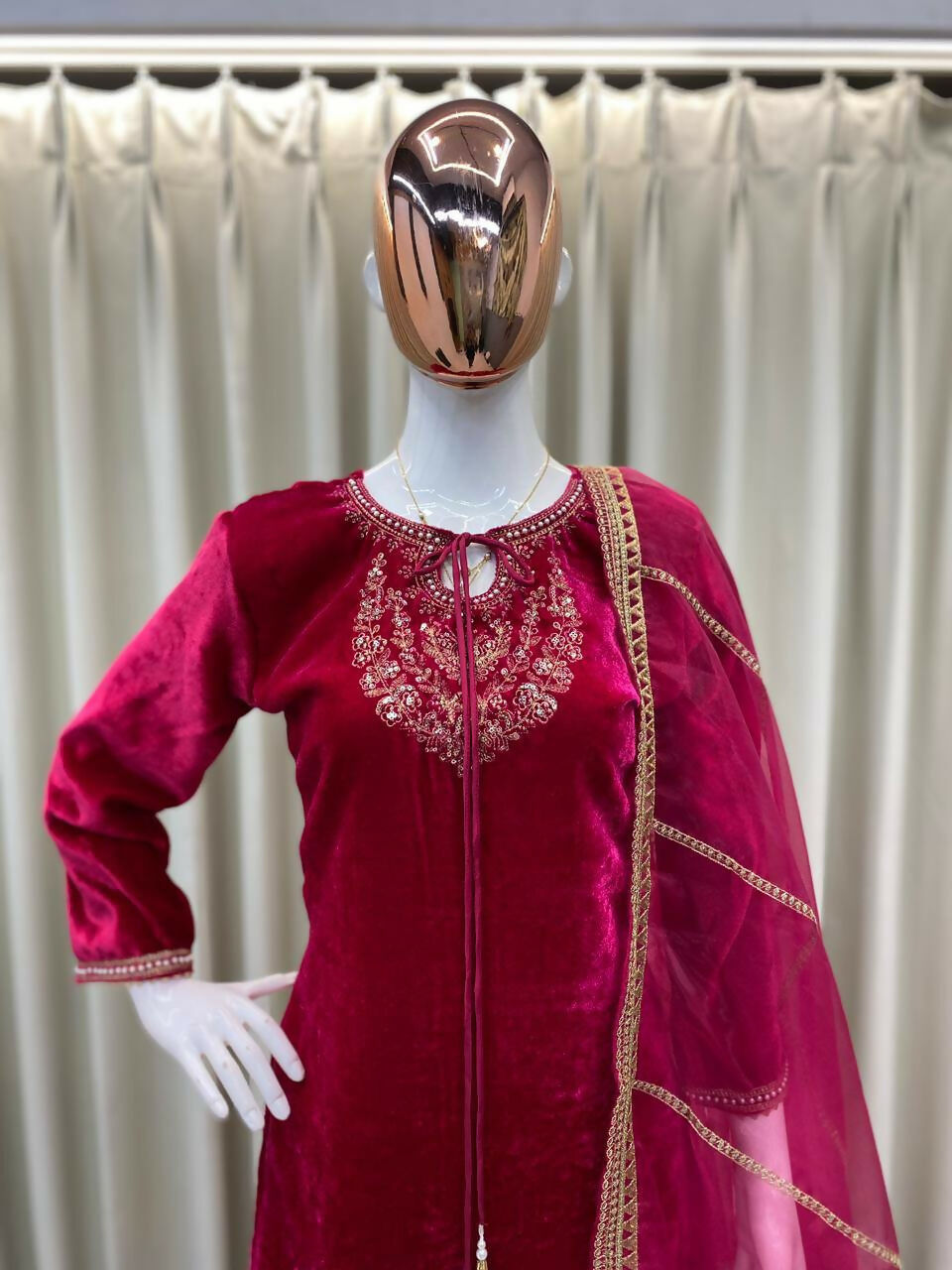Vastranavya Pink Velvet Sequence Embroidery Work Kurta & Bottom With Dupatta | Grocsy