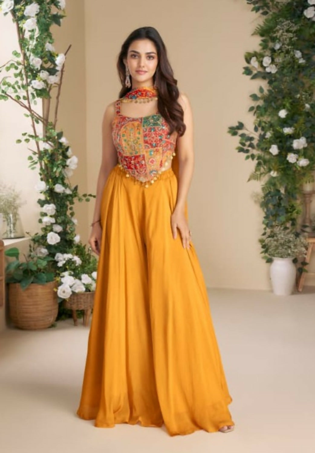 Anaita Orange Heavy Chinon Stitched 3 Piece Set With Sequence & Mirror Work | Grocsy