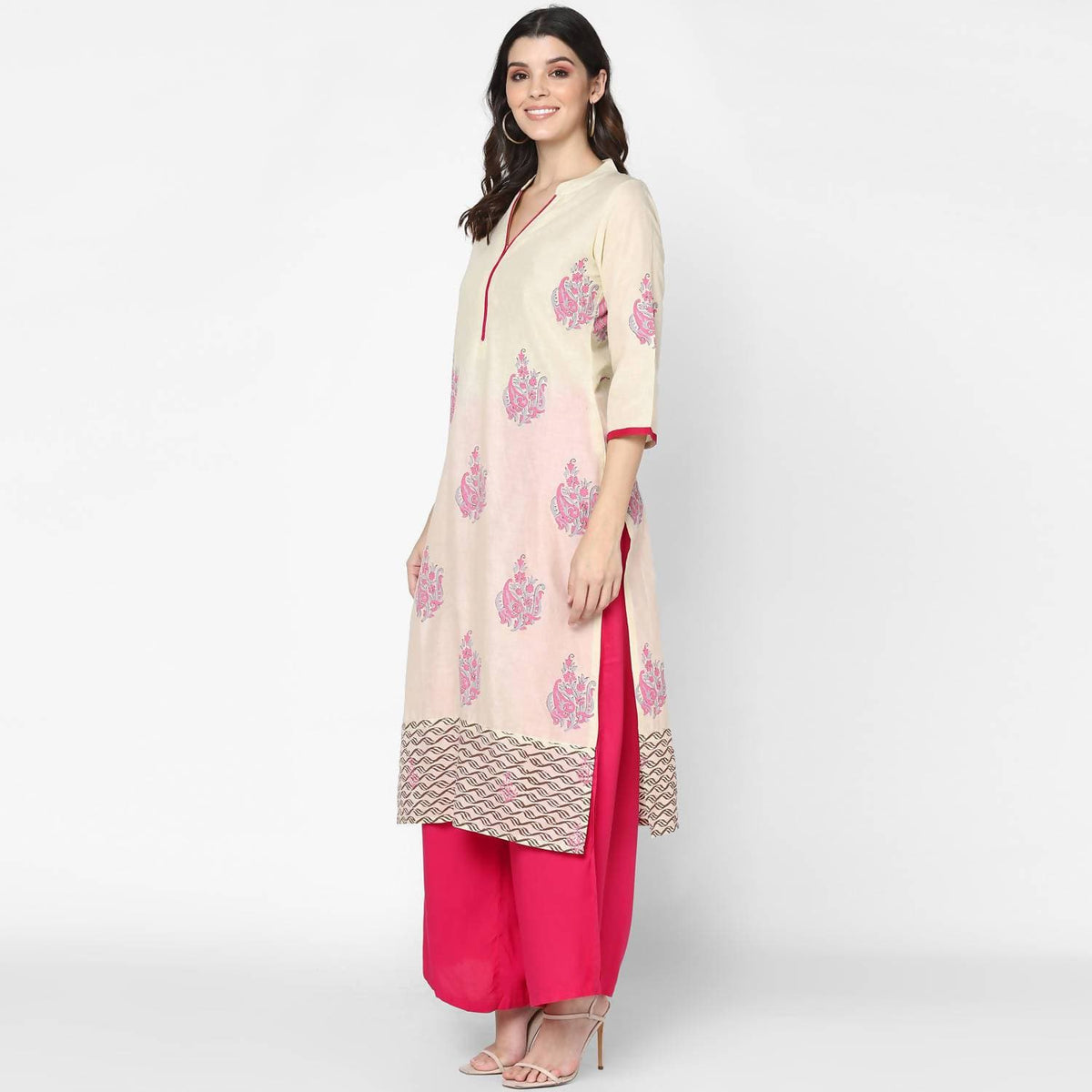 Cheera Hand Block Print Cream Straight Kurta (MAAI-061K) | Grocsy