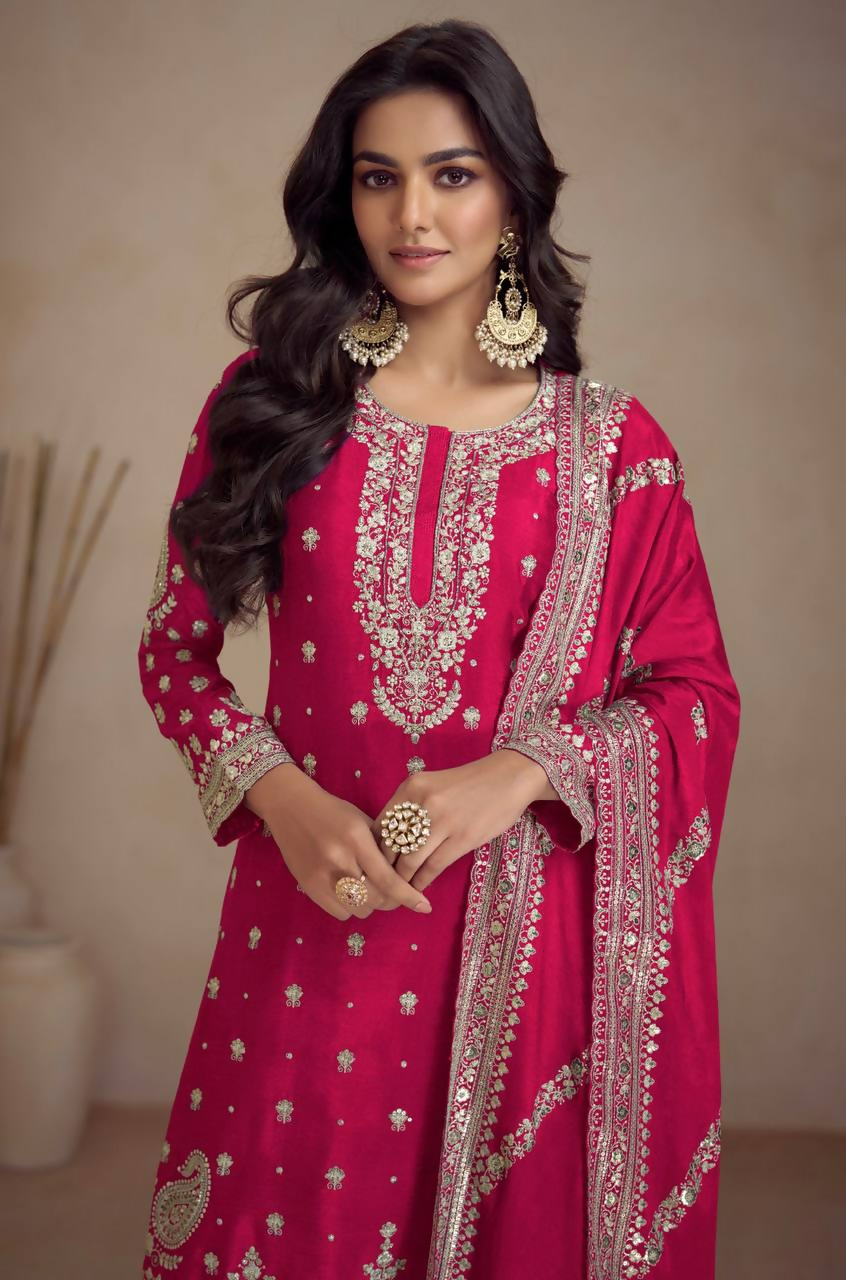 Lorenvalley Fashion Pink Chinon Embroidery With Sequince Work Salwar Kameez Stitched | Grocsy