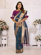 Anaita Navy Blue Soft Silk With Zari Weaving Borders Saree With Blouse | Grocsy