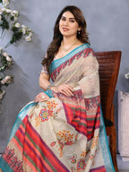 PR Fashion Cream Handloom Linen Cotton Saree | Grocsy