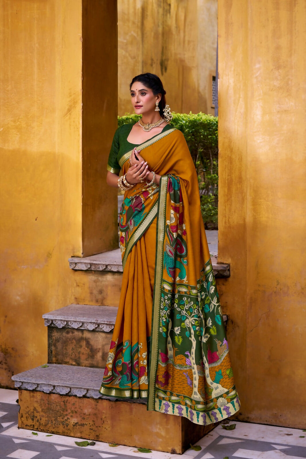 Vastranavya Mustard Viscose Chanderi Kalamkari Print with Zari Working Saree & Unstitched Blouse | Grocsy