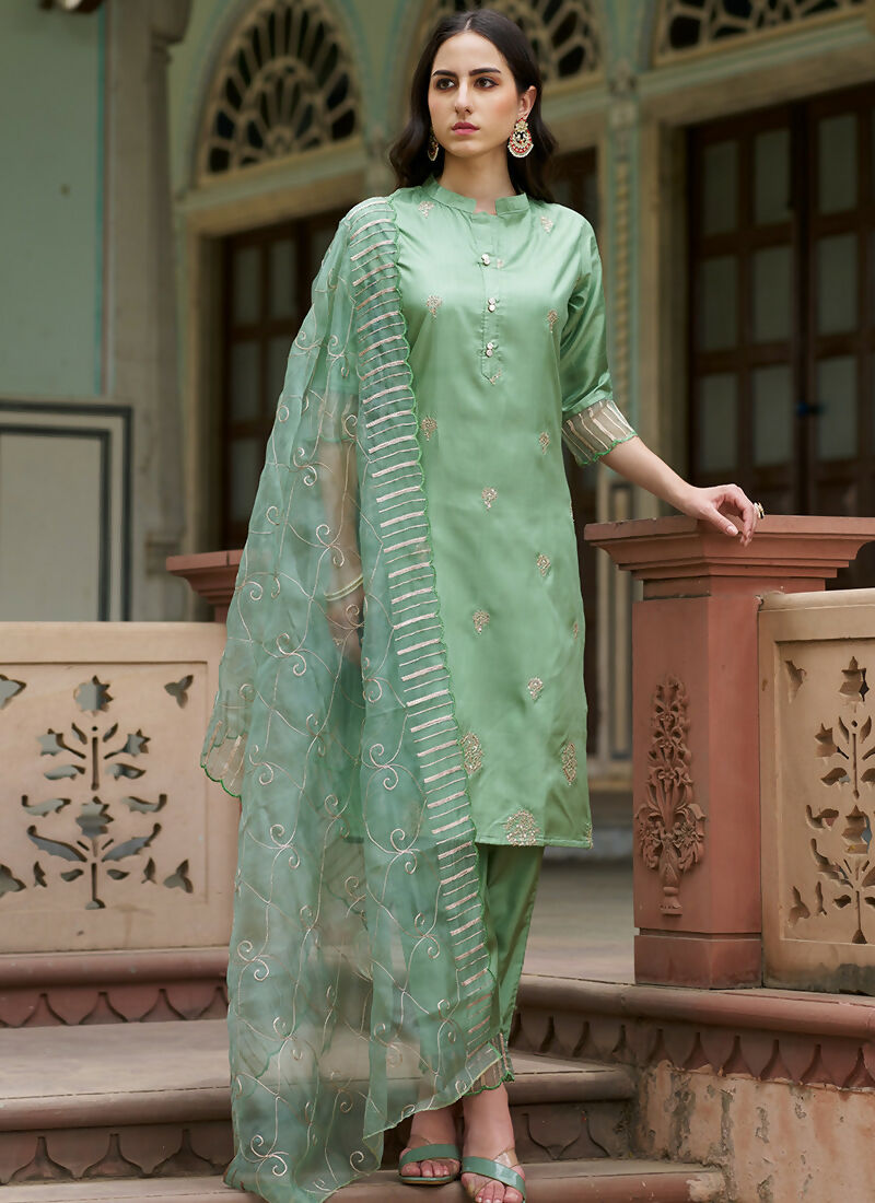 Vellora Pista Green Silk Blend Embroidery Work Ready-to-Wear Salwar Suit | Grocsy