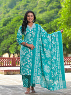 Juniper Women's Rama Green Floral Printed Cotton Kurta Pant With Dupatta Set With Mirror Work & Zari Work | Grocsy