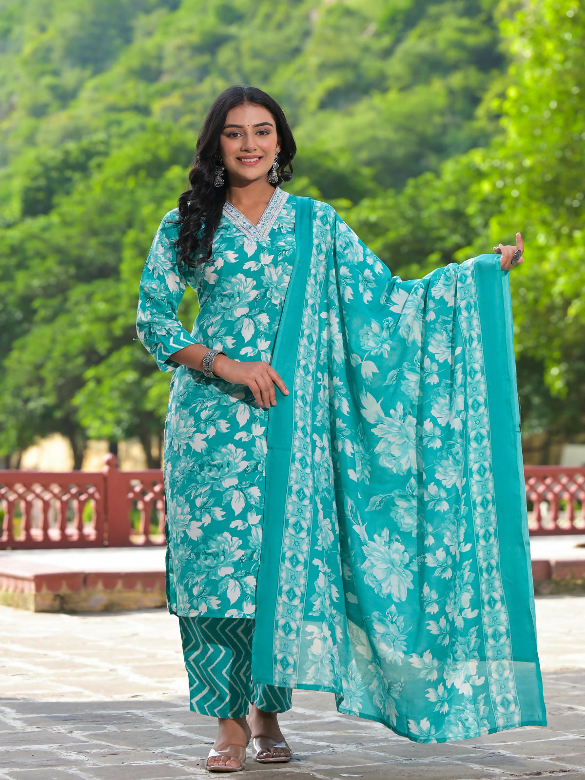 Juniper Women's Rama Green Floral Printed Cotton Kurta Pant With Dupatta Set With Mirror Work & Zari Work | Grocsy