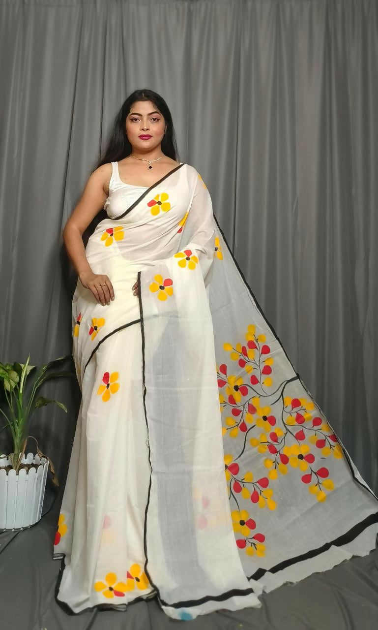 Exclusive Collection Beautiful White Yellow Pure Cotton Hand Print Handloom Saree With Running Blouse Piece | Grocsy