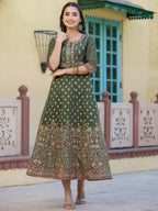 Juniper Women Olive Chanderi Printed Maxi Dress with Embroidered Yoke | Grocsy