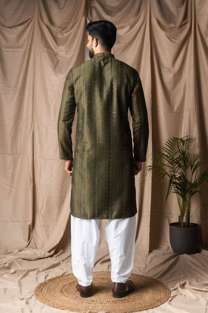 Mehandi Green Rayon Thread Embroidery Work Kurta Set - Mahotsav | Grocsy