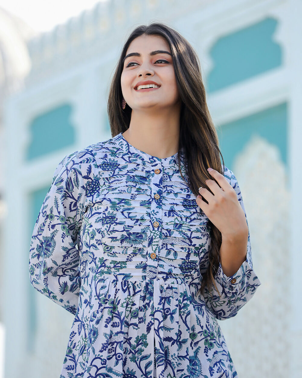 Kaajh Women's White-Blue Hand Block Printed Cotton Top | Grocsy