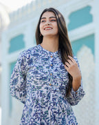 Kaajh Women's White-Blue Hand Block Printed Cotton Top | Grocsy