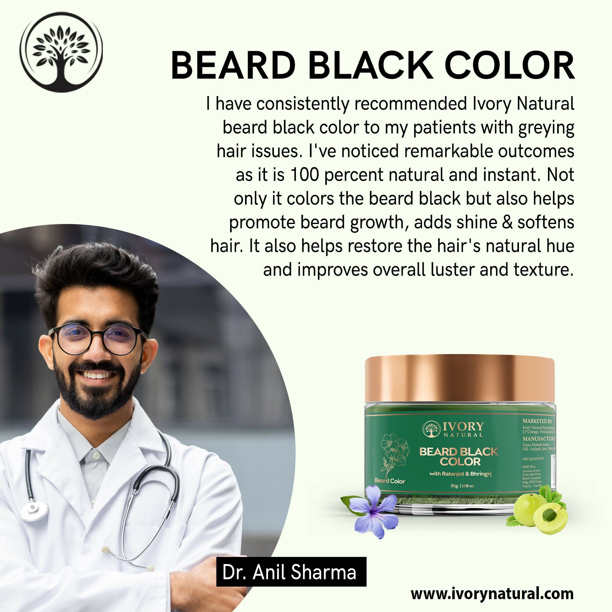 Ivory Natural Beard Black Color Organic - Instant Natural Plant Based Beard Color Powder | Grocsy