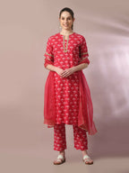 Myshka Women's Pink Printed Cotton Straight Party Kurta Set With Dupatta | Grocsy