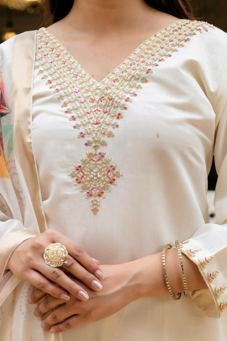 The52 White Women's Beautiful Viscose Chanderi Fabric Embroidered Work Straight Kurta Pant and Dupatta Set | Grocsy