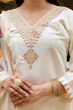 The52 White Women's Beautiful Viscose Chanderi Fabric Embroidered Work Straight Kurta Pant and Dupatta Set | Grocsy