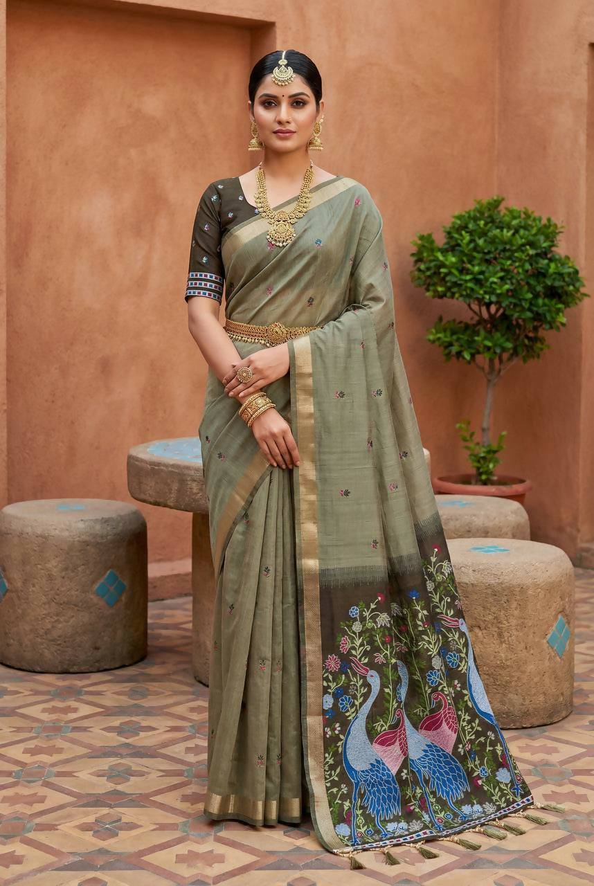 Vastranavya Mehendi Muga Cotton Meenakari & Azarakh Pallu Saree with Contrast Blouse | Grocsy