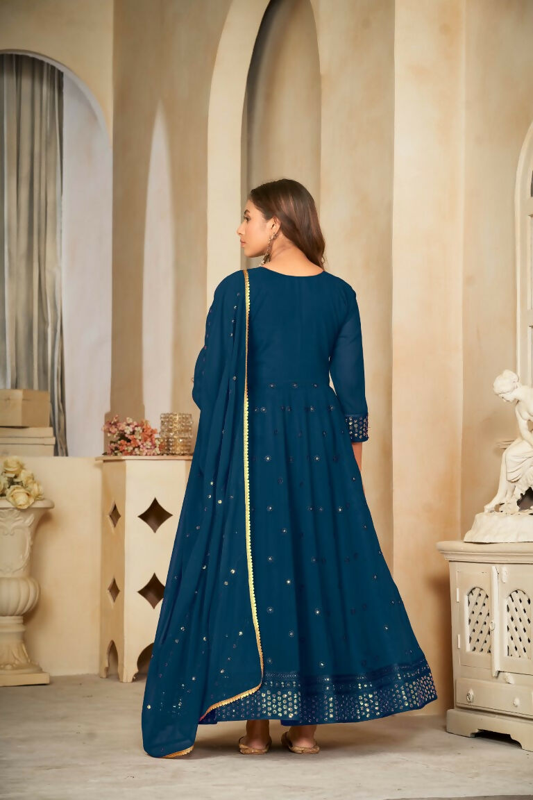 Jyoti Fashion Women's Rama Georgette Embroidered Anarkali Kurta Pant Set With Dupatta | Grocsy