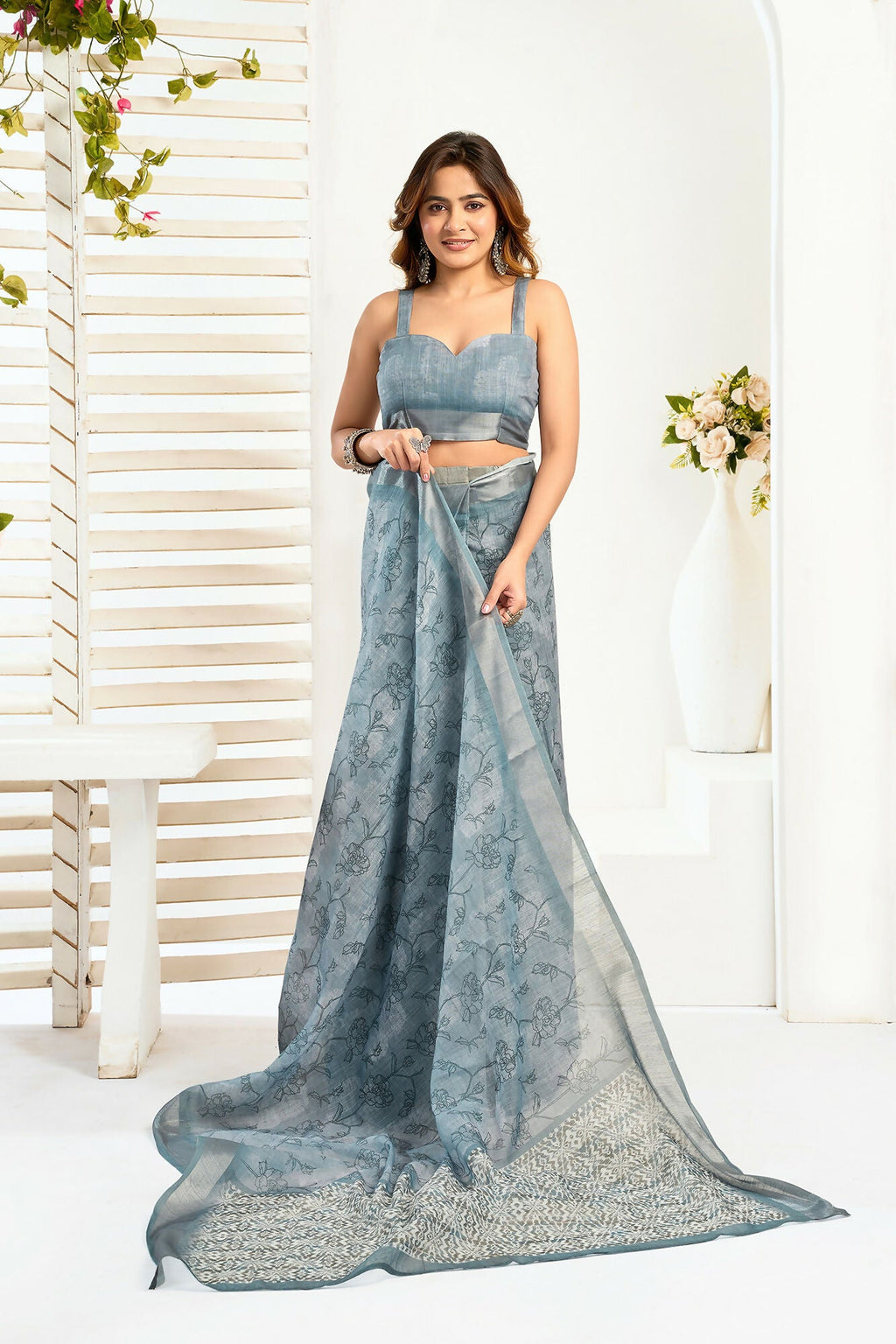 Vastranavya Sea Blue Digital Printed Linen Ready To Wear Designer Saree with Unstitched Blouse | Grocsy