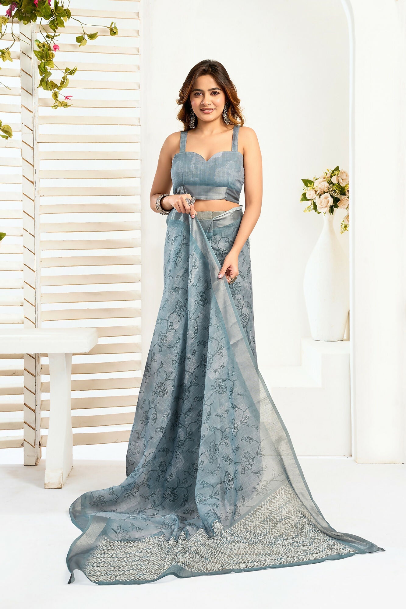 Vastranavya Sea Blue Digital Printed Linen Ready To Wear Designer Saree with Unstitched Blouse | Grocsy