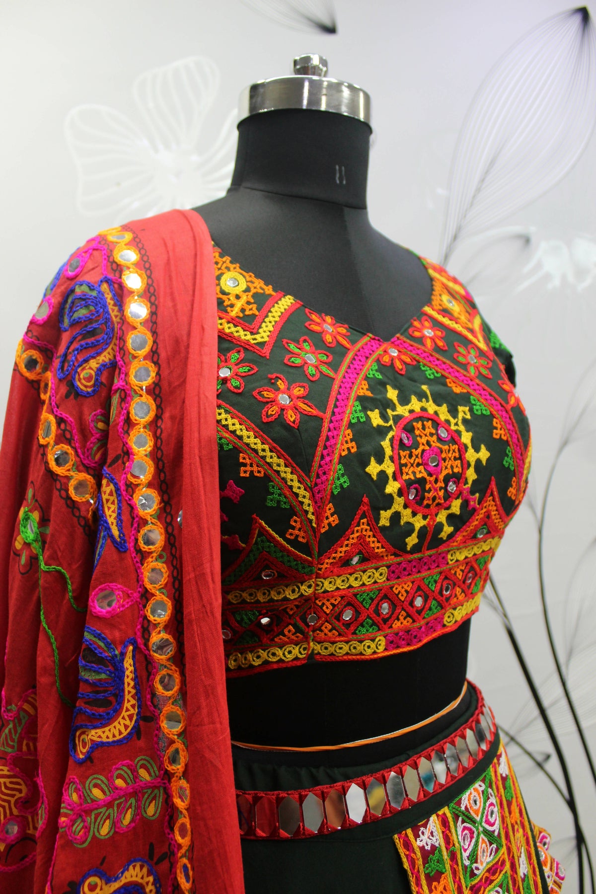 Green Viscose Rayon Thread Embroidered Navratri Lehenga Choli with Dupatta - Raas | Grocsy