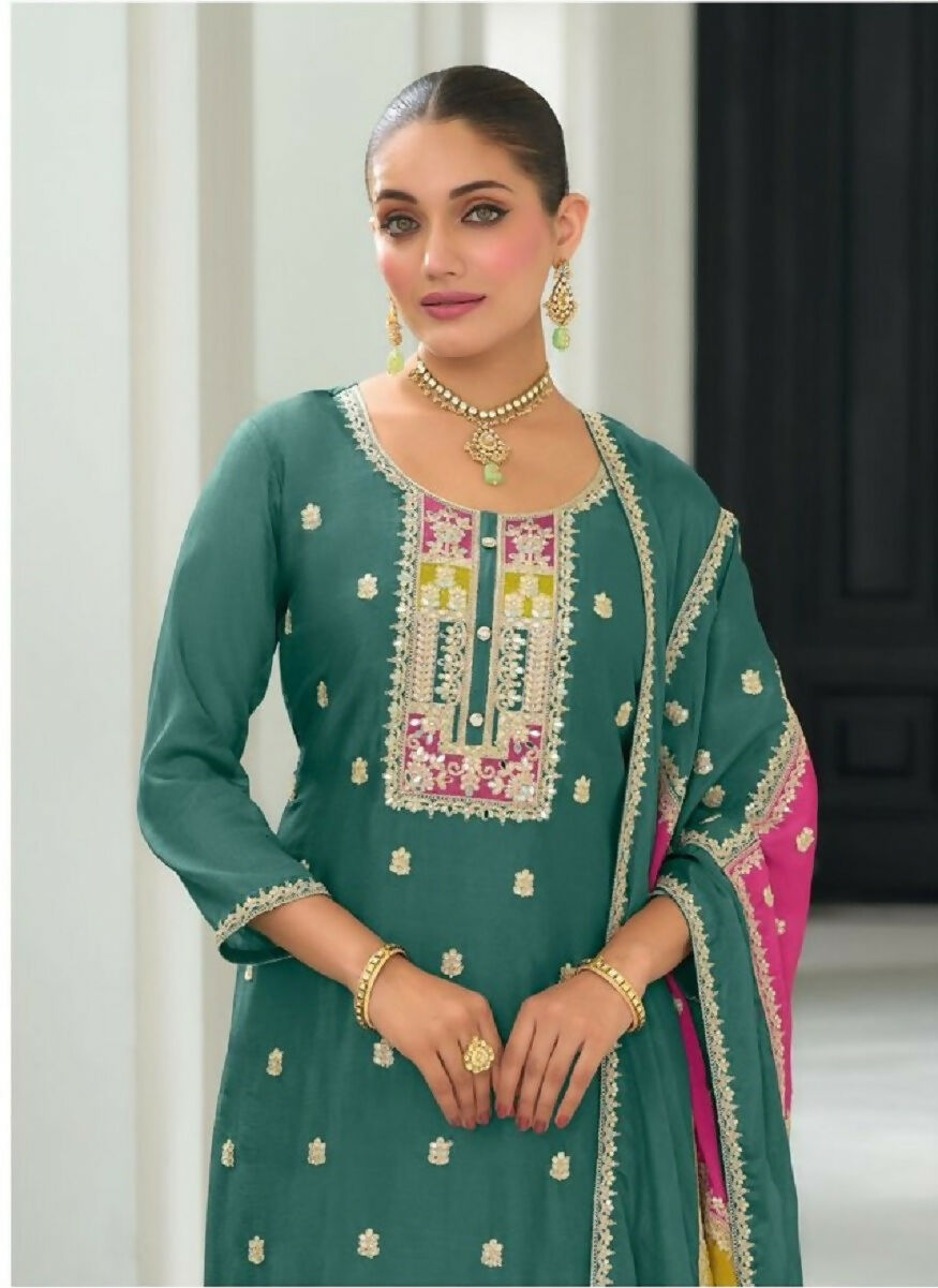 Teeya Creation Green Color Chinon Silk Embroidery Work Wedding Wear Designer Salwar Suit | Grocsy
