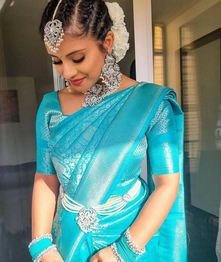 DEIANA'S Beautiful Designer Golden zari Soft Lichi Silk Saree - Sky | Grocsy