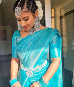 DEIANA'S Beautiful Designer Golden zari Soft Lichi Silk Saree - Sky | Grocsy