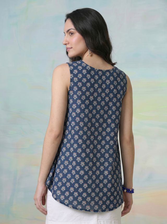 Janasya Teal A-Line Cotton Top | Grocsy