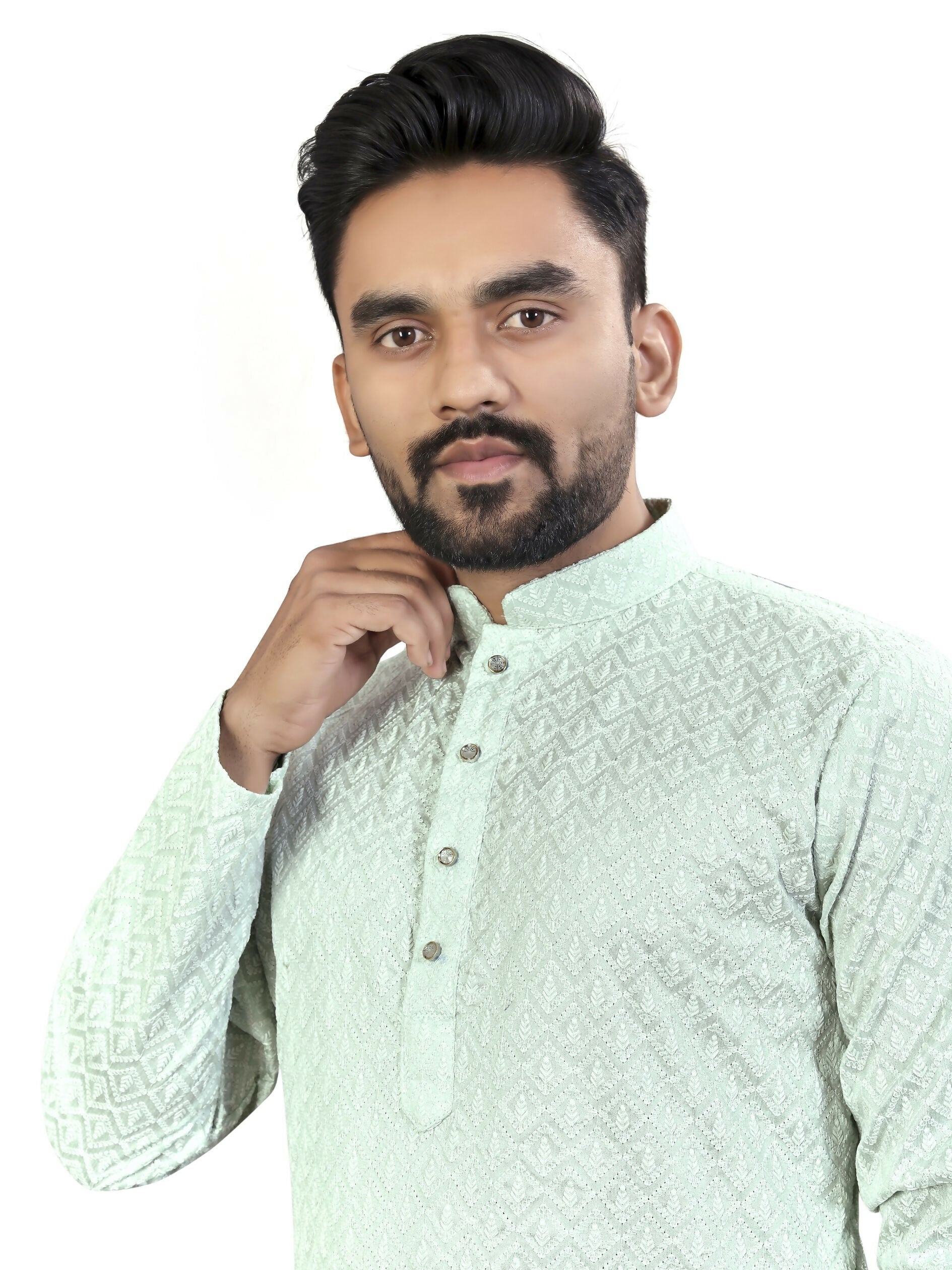 Anaita Sky_Blue Lucknowi Work Silk Straight Kurta | Grocsy