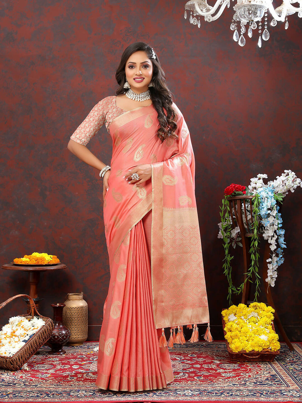 Lorenvalley Fashion Peach Cotton Woven Design with Zari Weaving Design Saree | Grocsy