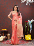Lorenvalley Fashion Peach Cotton Woven Design with Zari Weaving Design Saree | Grocsy