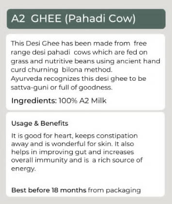 Organic Potli A2 Vedic Ghee Pahadi Cow |  A2 Gir Cow Organic A2 Ghee Vedic Bilona Method Grassfed Cultured Traditional Curd Bilona Ghee, Glass Bottle | Grocsy