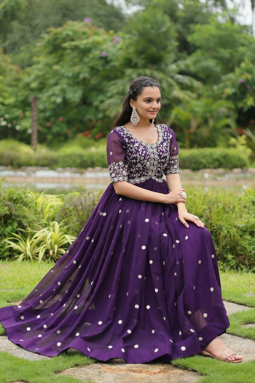 Vastranavya Premium Designer Faux Blooming with Embroidery Zari Sequins work Gown - Purple | Grocsy