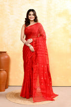 Piyari Fashion Women's Red Embellished Cotton Blend Jamdani Saree | Grocsy