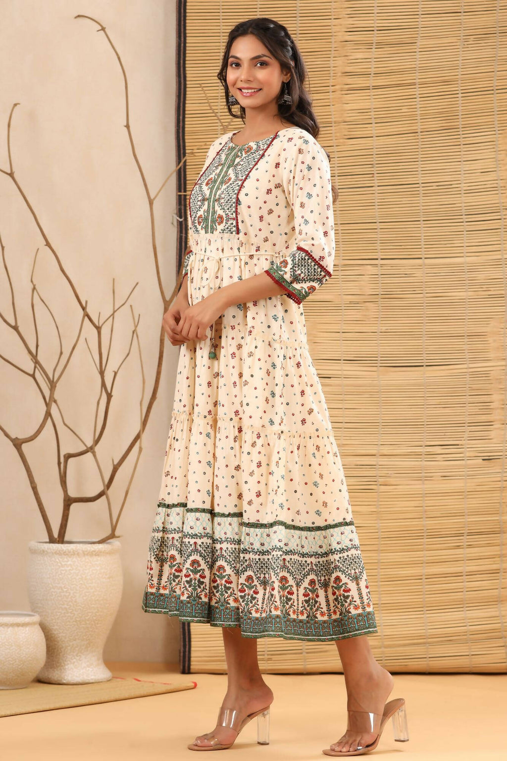 Juniper Women Ivory Cambric Printed Tiered Dress | Grocsy