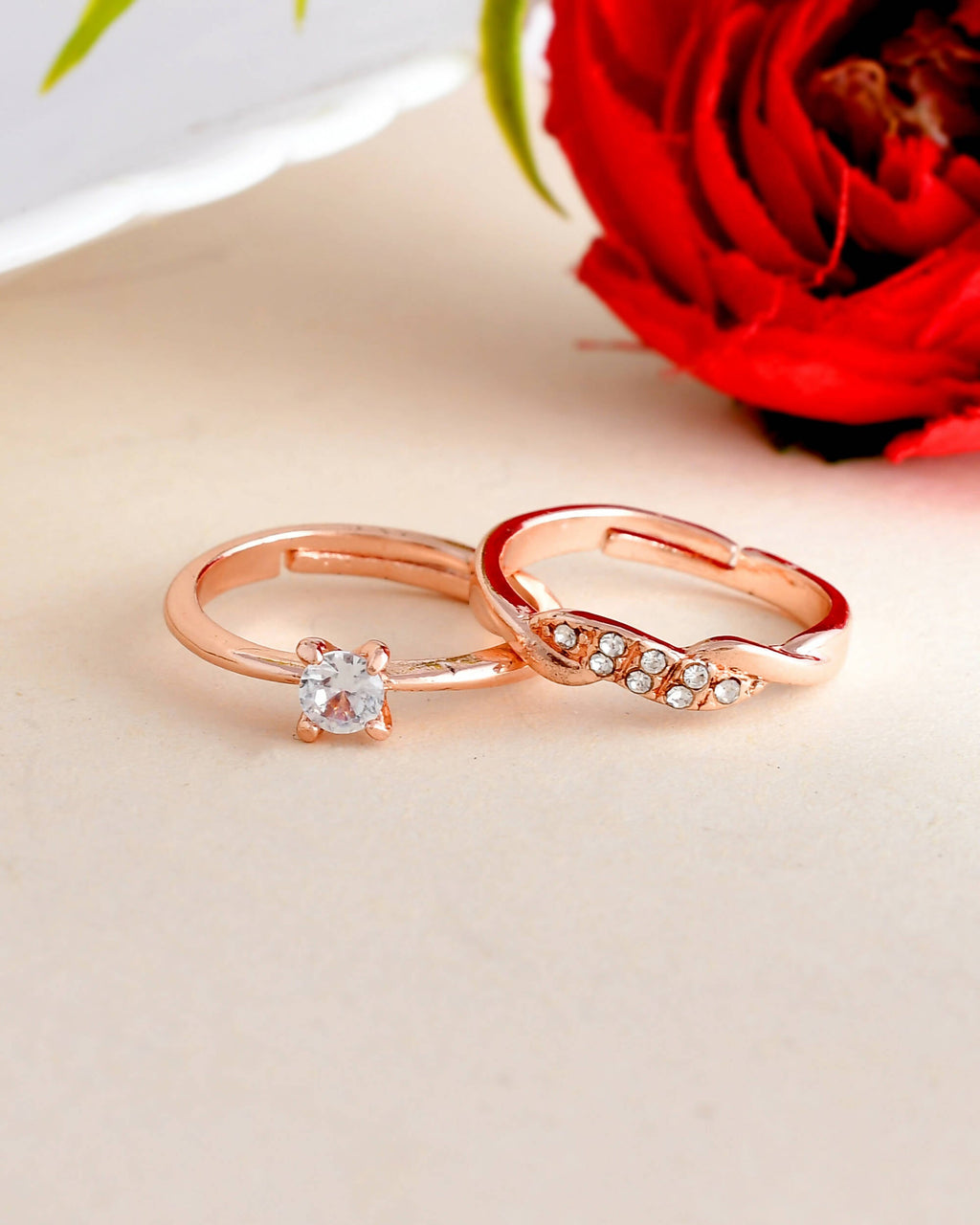 VOJ Stainless Steel Cubic Zirconia Rose Gold-Polished Adjustable Ring Set for Couple | Grocsy