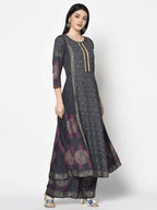 Aniyah Rayon Dark Grey Color Block Print Anarkali Palazzo Set (AN-199K) | Grocsy