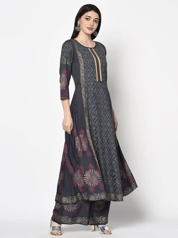 Aniyah Rayon Dark Grey Color Block Print Anarkali Palazzo Set (AN-199K) | Grocsy