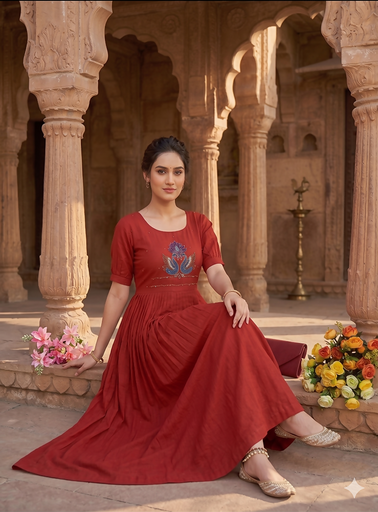 Teeya Creation Women's New Trendy Red Pleated Maxi Dress with Intricate Peacock Beadwork | Grocsy