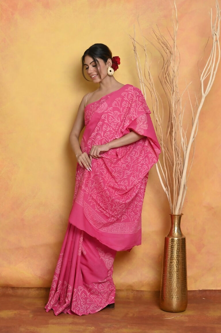Very Much Indian Handblock Printed Cotton Saree With Natural Dyes - Pink | Grocsy