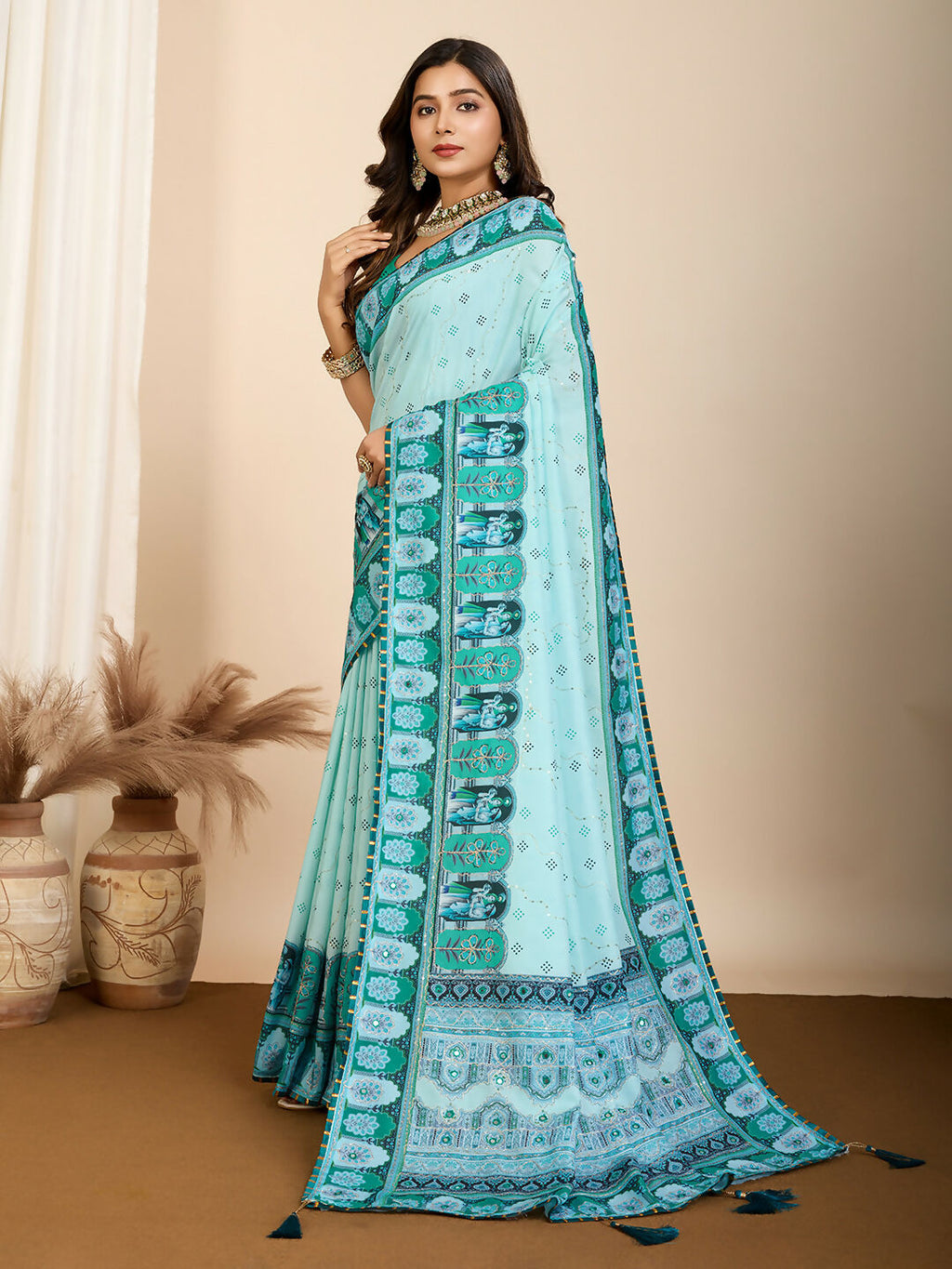 Cyan Muslin Cotton Designer Digital Printed Saree - Lavisha | Grocsy