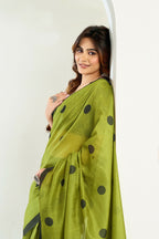 Vastranavya Olive Digital Printed Linen Ready To Wear Designer Saree with Unstitched Blouse | Grocsy