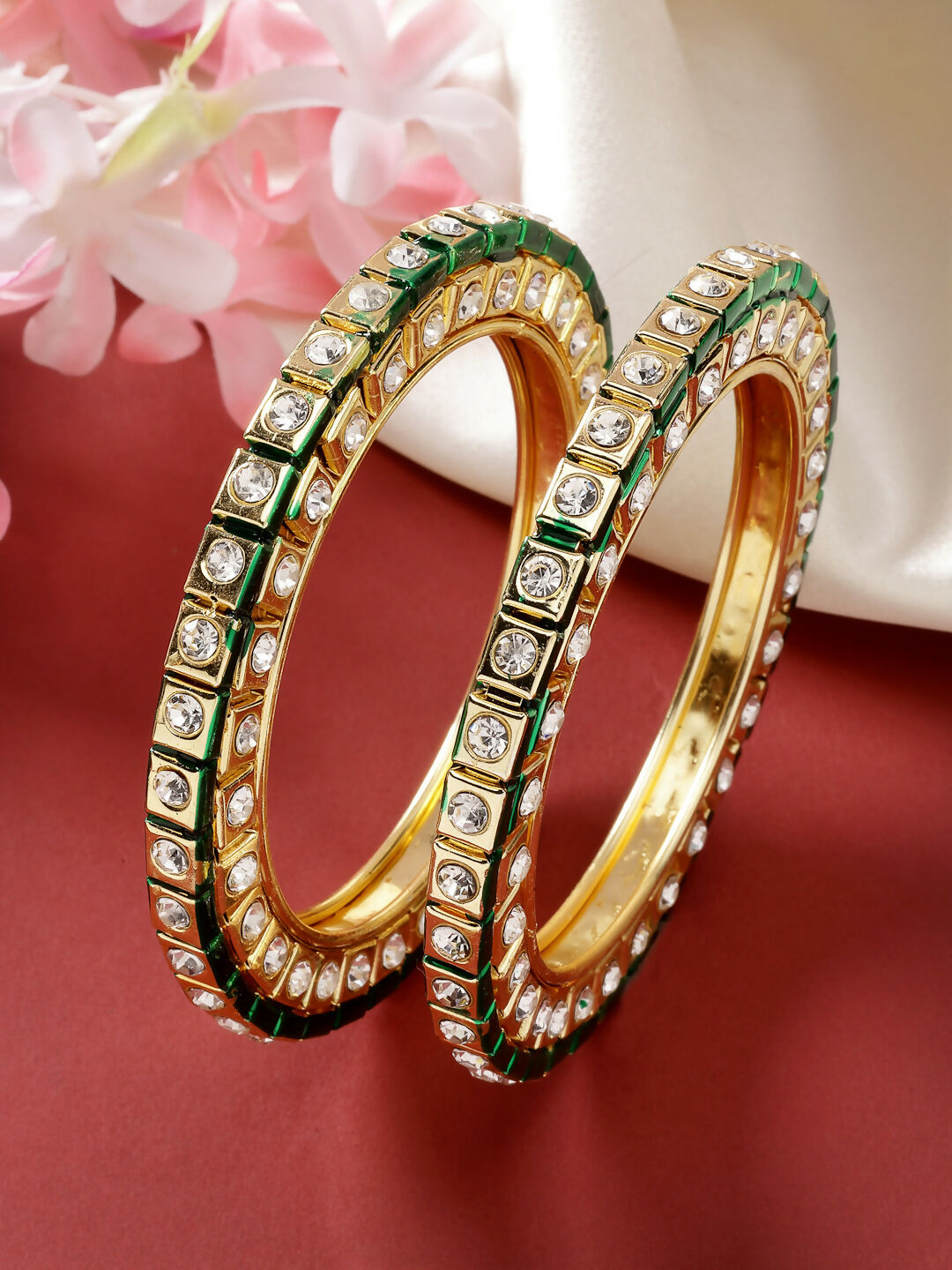 NVR Women's Set Of 2 Gold-Polished Kundan-Studded Bangles