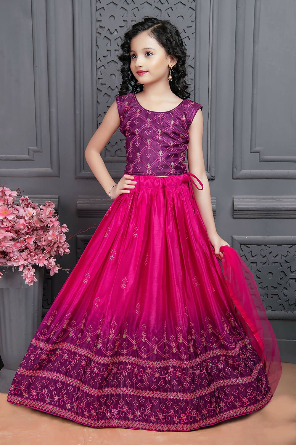 Kids Wedding Designer Pink Soft Chinon Silk Lehenga Choli - Aaradhna | Grocsy