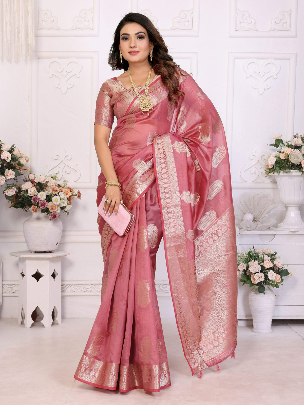 Aastha Fashion Dusty Rose Soft Organza Silk Weaving Saree | Grocsy