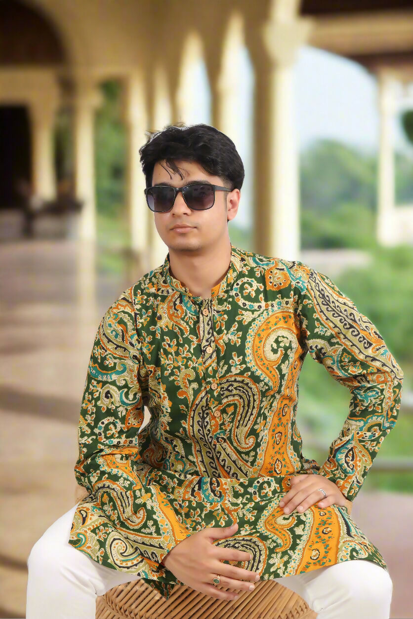 Souchii Men Green & Mustard Pure Cotton Paisley Printed Straight Kurta | Grocsy