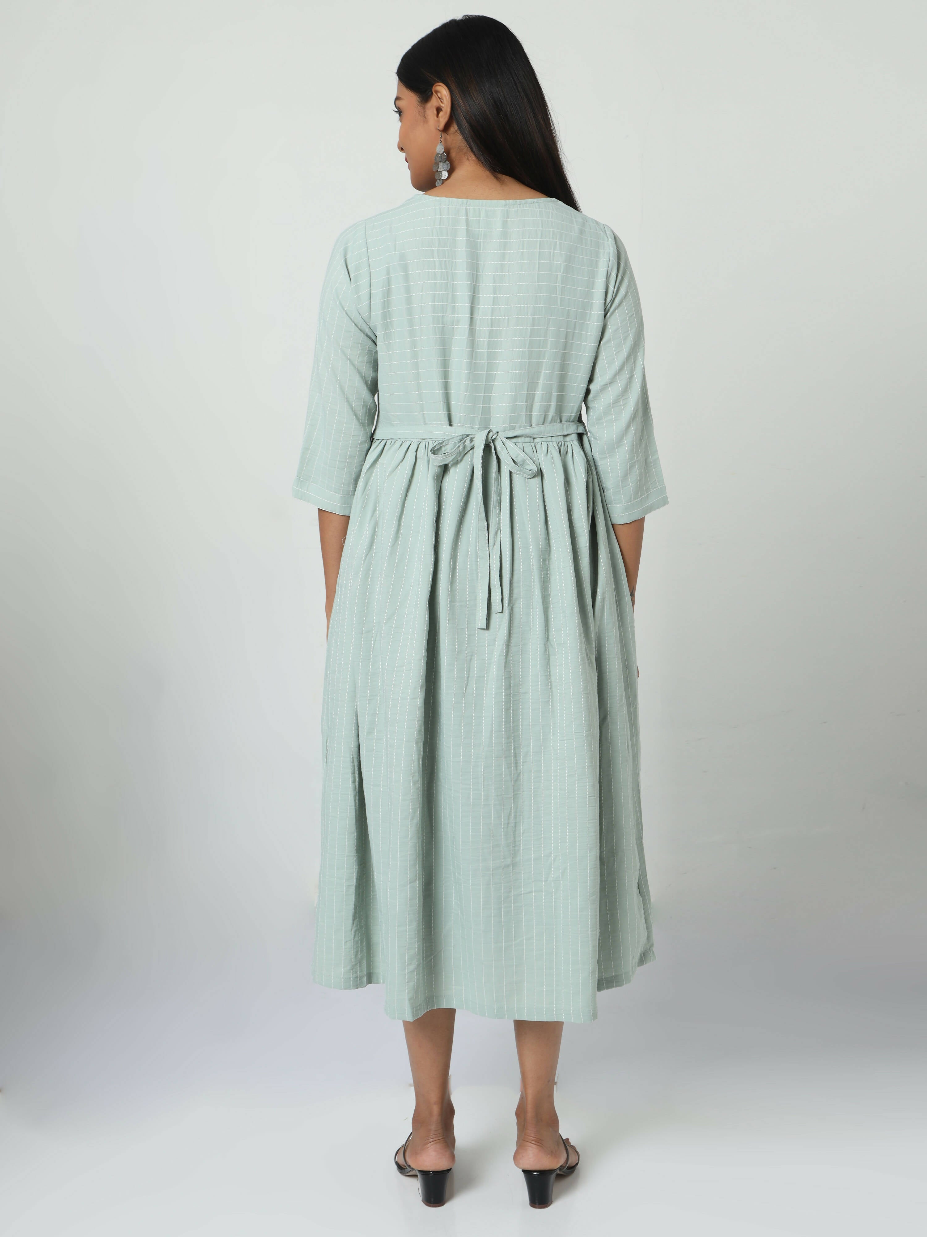Manet Three Fourth Maternity Dress Striped With Concealed Zipper Nursing Access - Pista Green | Grocsy